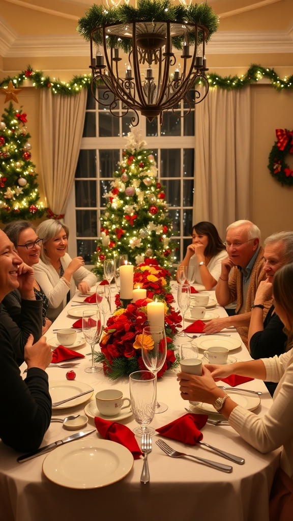 A decorated Christmas dinner table with guests playing games, surrounded by holiday decor.